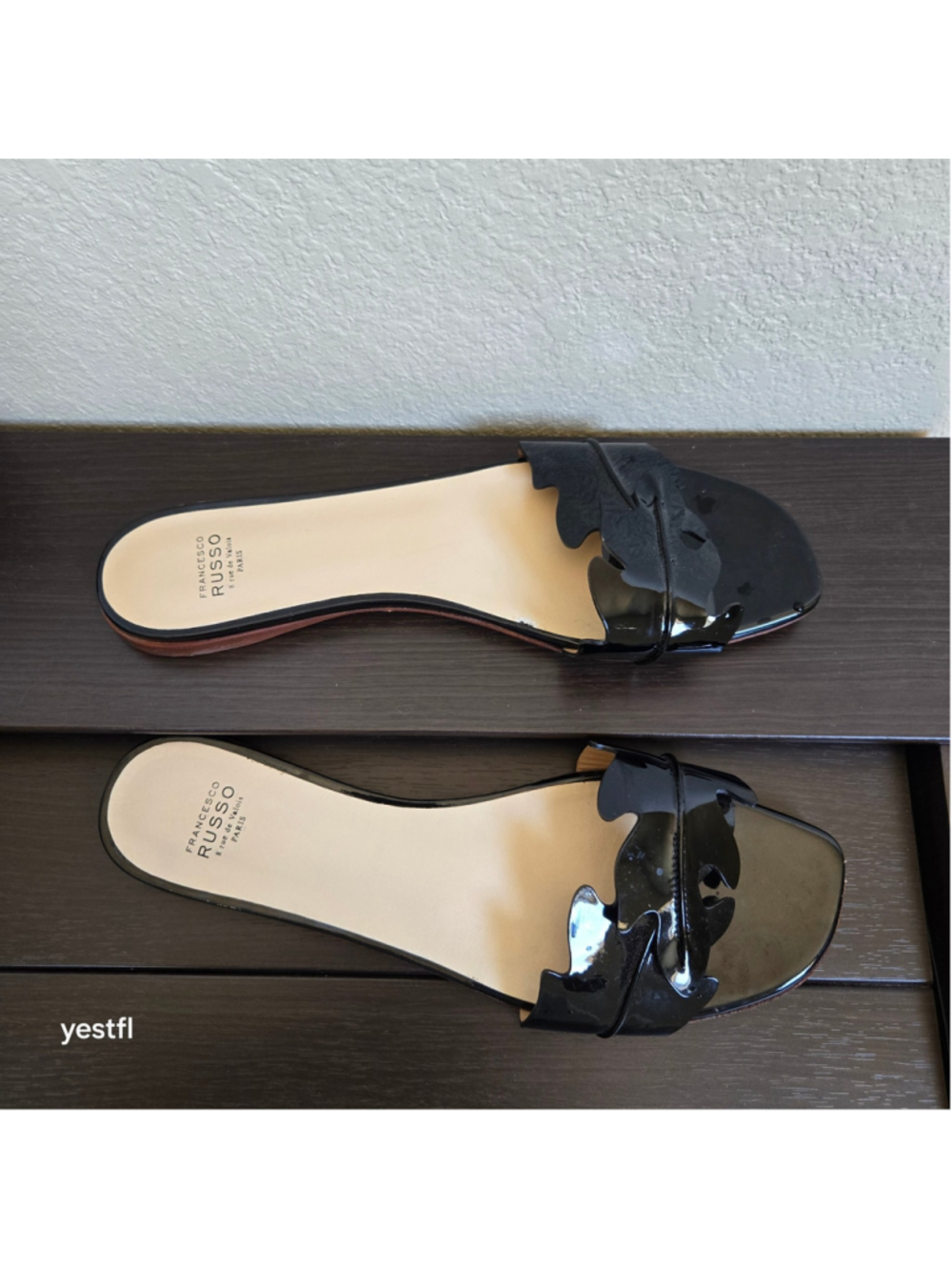 Francesco Russo Black Patent Leather Leaf Cutout Slide Sandals 39